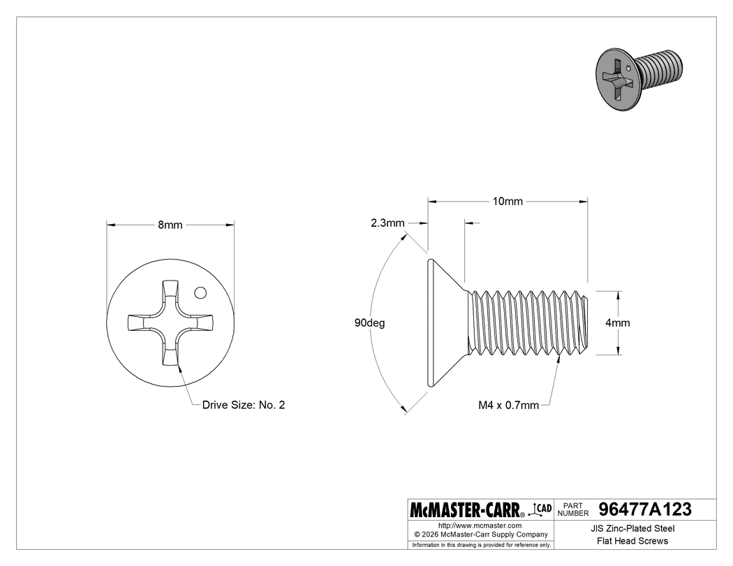 Technical Drawing of JIS Zinc-Plated Steel Flat Head Screws, M4 x 0.7 mm Thread Size, 10 mm Long.